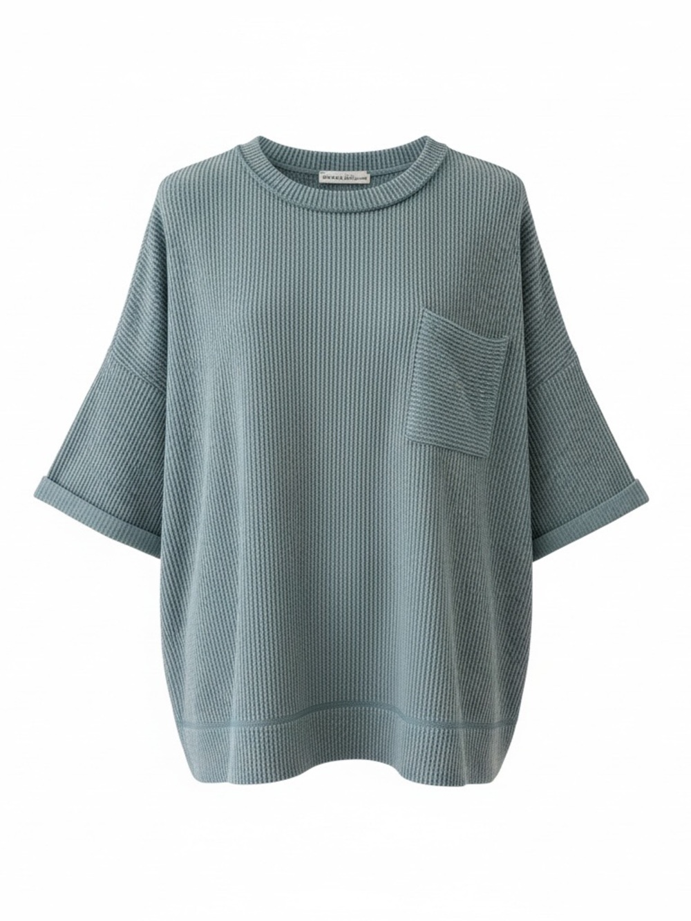Zenana Outfitters Relaxed Waffle Knit Pocket Top - Dusty Teal L/XL